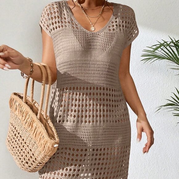 Khaki Boho Women's Hollow Out Batwing Sleeve Cover Up Dress - Picture 4 of 5